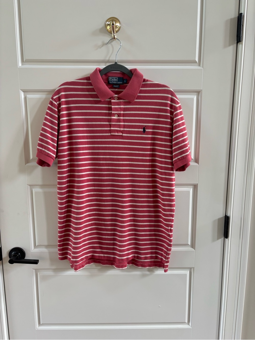 Polo Ralph Lauren Coral Red White Striped Polo Shirt Size L Embroidered Pony